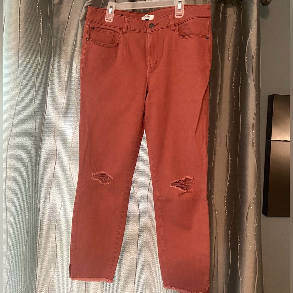 Rust Distressed Jeans. Cropped, some stretch